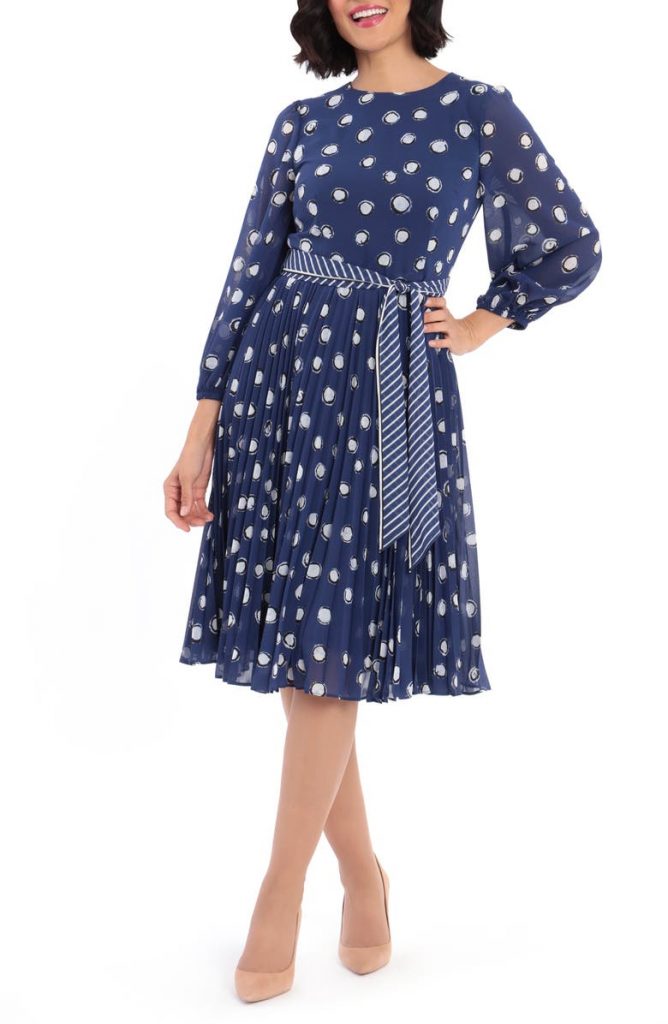 Dot Print Long Sleeve Pleated Midi Dress