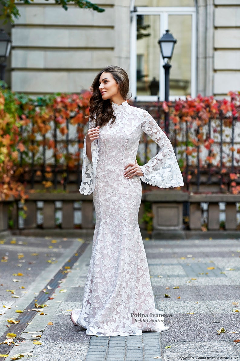 Wedding Dress with Bell Sleeves, Modest Wedding Dress, Simple Wedding Dress, Lace Wedding Dress, Long Sleeve Wedding Dress, Wedding Gown