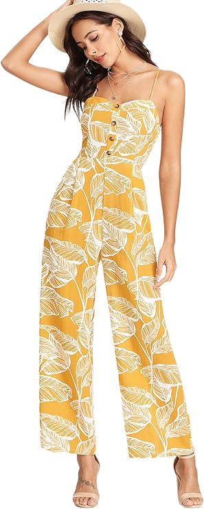 Floerns Women's Palm Leaf Print Shirred Back Button Cami Palazzo Jumpsuit