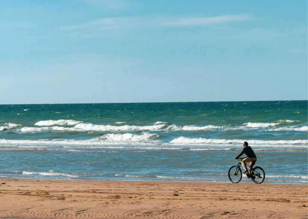 A person riding a bike on the beach.