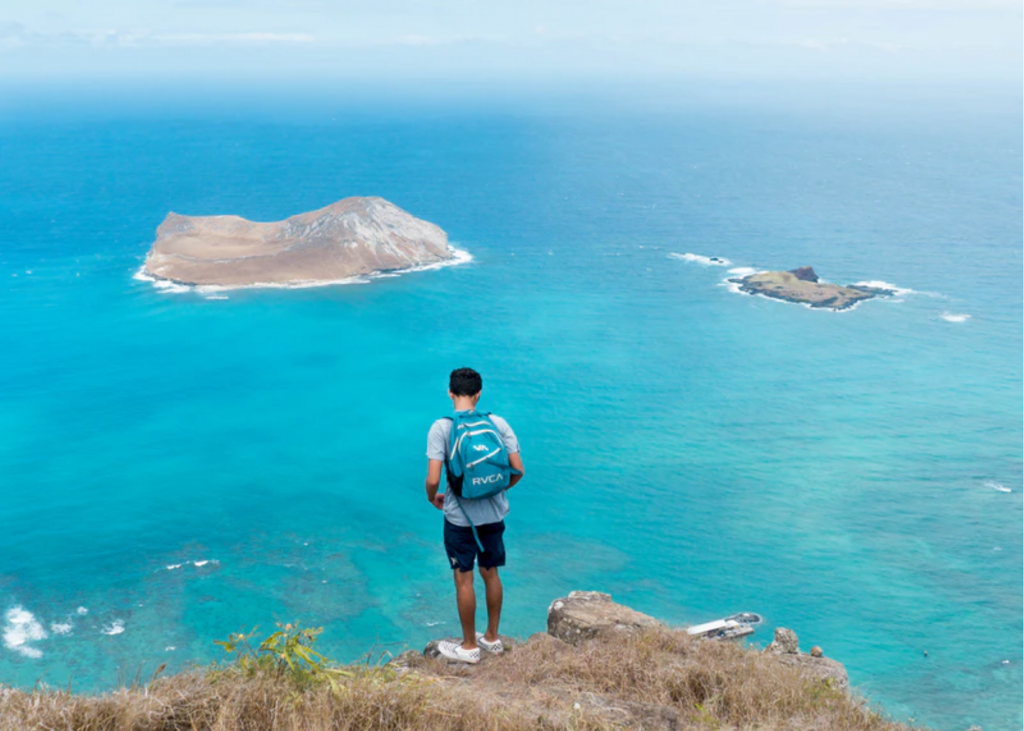 A man is standing on top of a cliff overlooking the ocean.