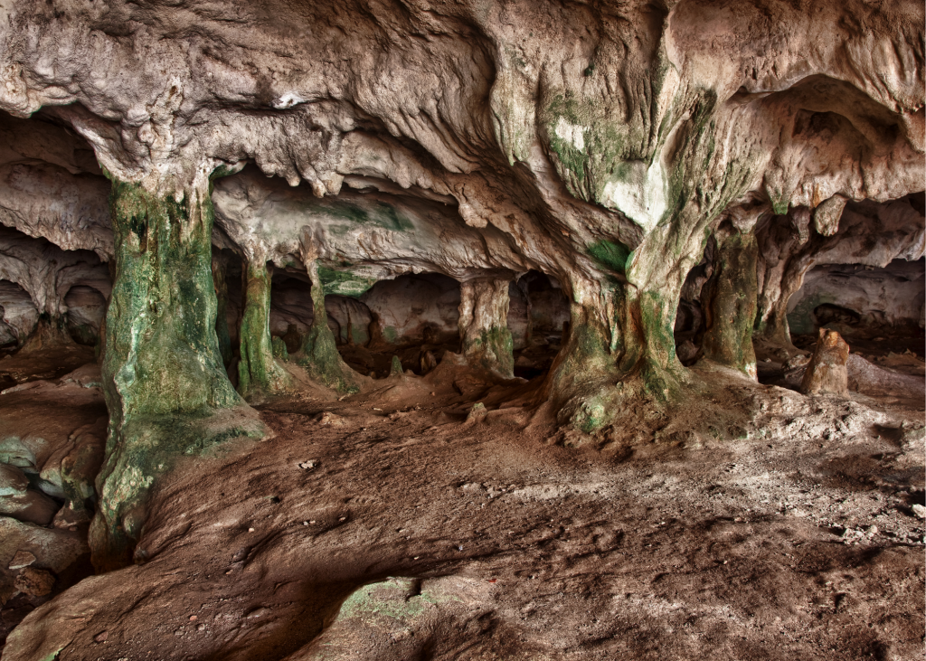 The inside of a cave with green and brown formations in Conch Bar Caves (Middle Caicos).