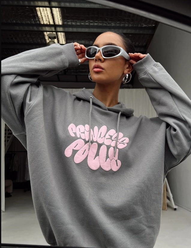 PRINCESS POLLY HOODIE SWEATSHIRT BUBBLE TEXT CHARCOAL / PINK