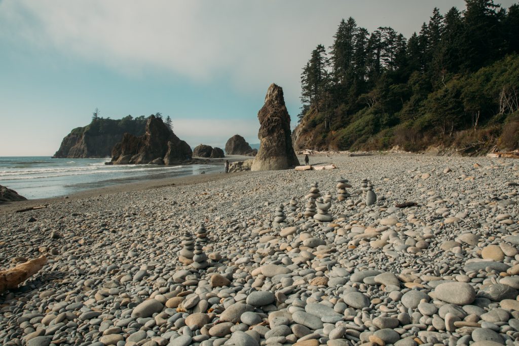 Ruby Beach featuring many smooth rocks, arranged in stacked positions