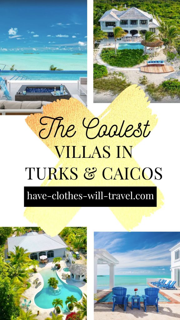 A collage of four images showing picturesque views of the ocean, private beaches, and Turks and Caicos rental villas. Text across the center of the image reads "the coolest villas in Turks & Caicos"