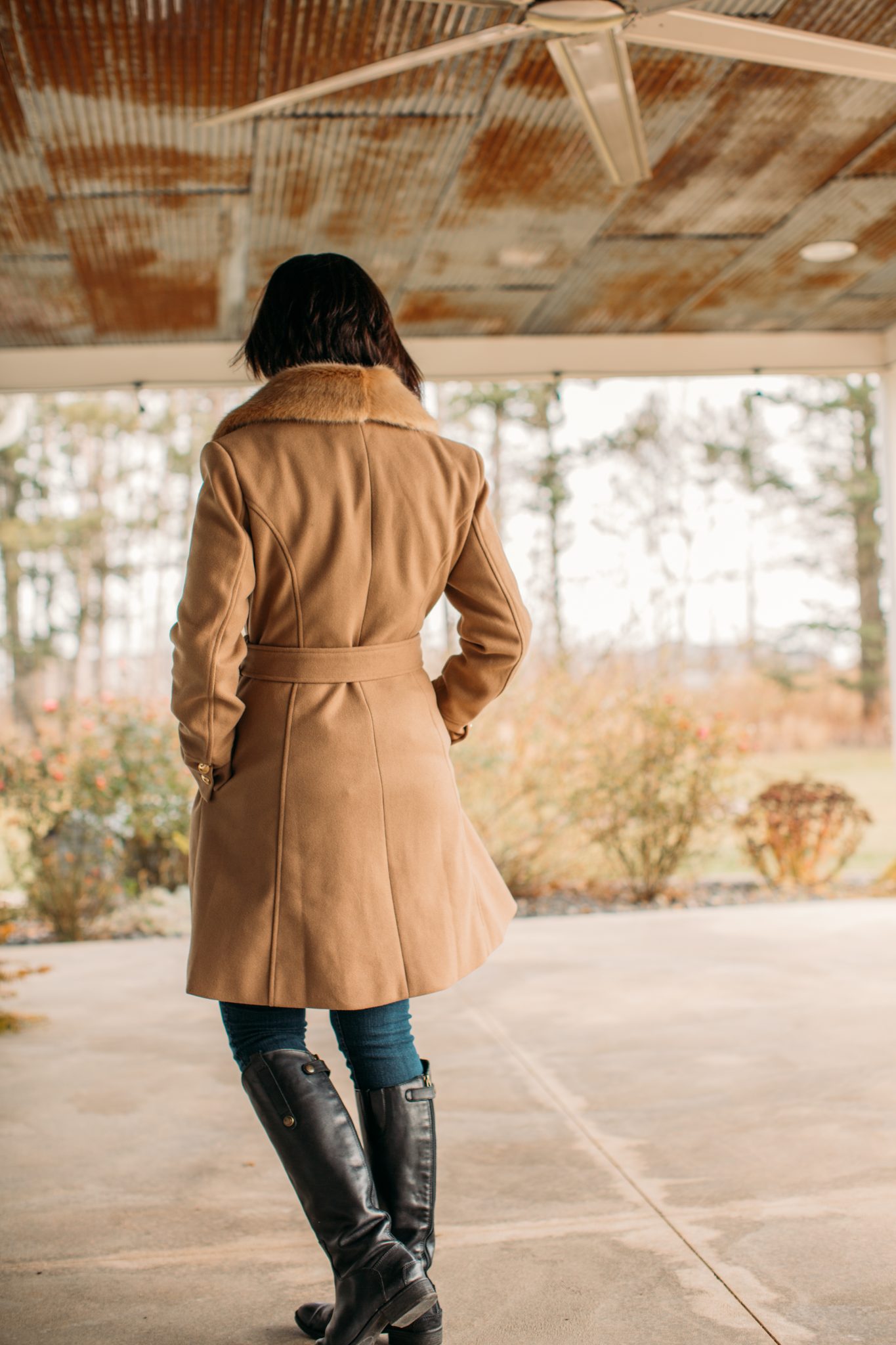 Faux Fur Collar Belted Flare Coat in Taupe from Chicwish.