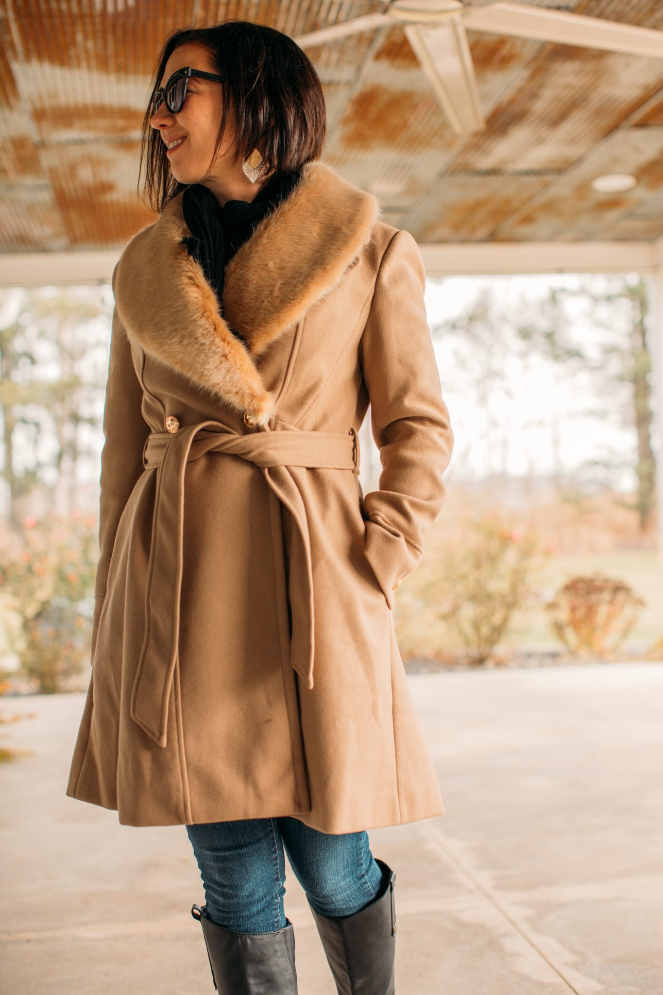 Faux Fur Collar Belted Flare Coat in Taupe from Chicwish.