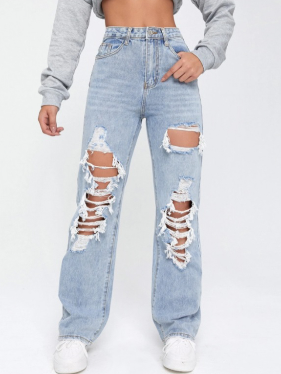 Light Washed Cut Out Ripped Straight Leg Jeans