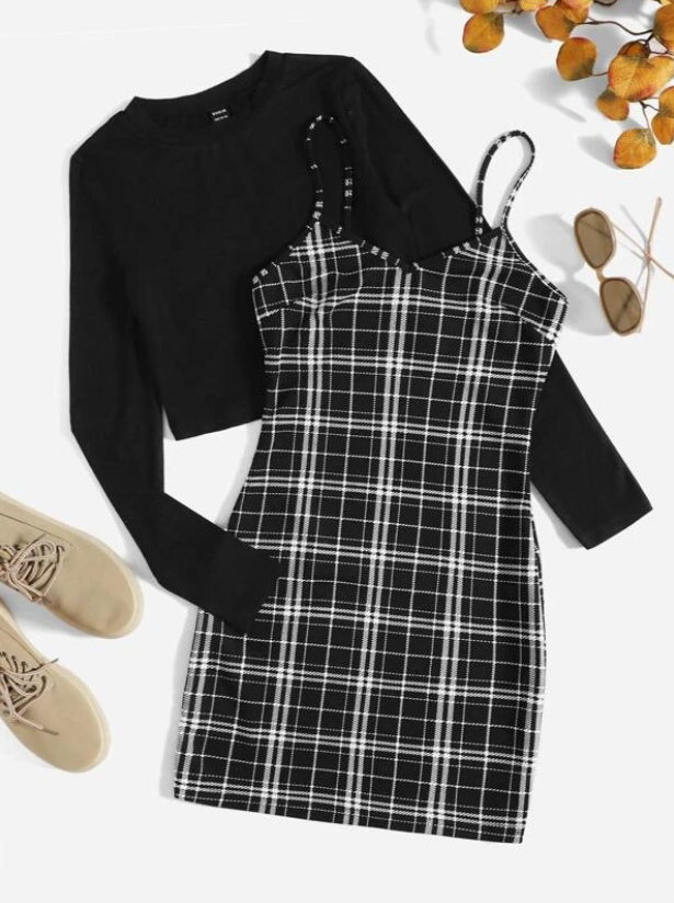 SHEIN Solid Top & Plaid Print Cami Dress