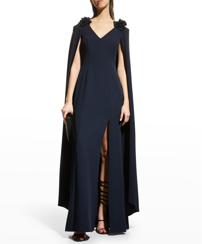 MARCHESA NOTTE V-Neck Cape Gown w/ 3D Flowers