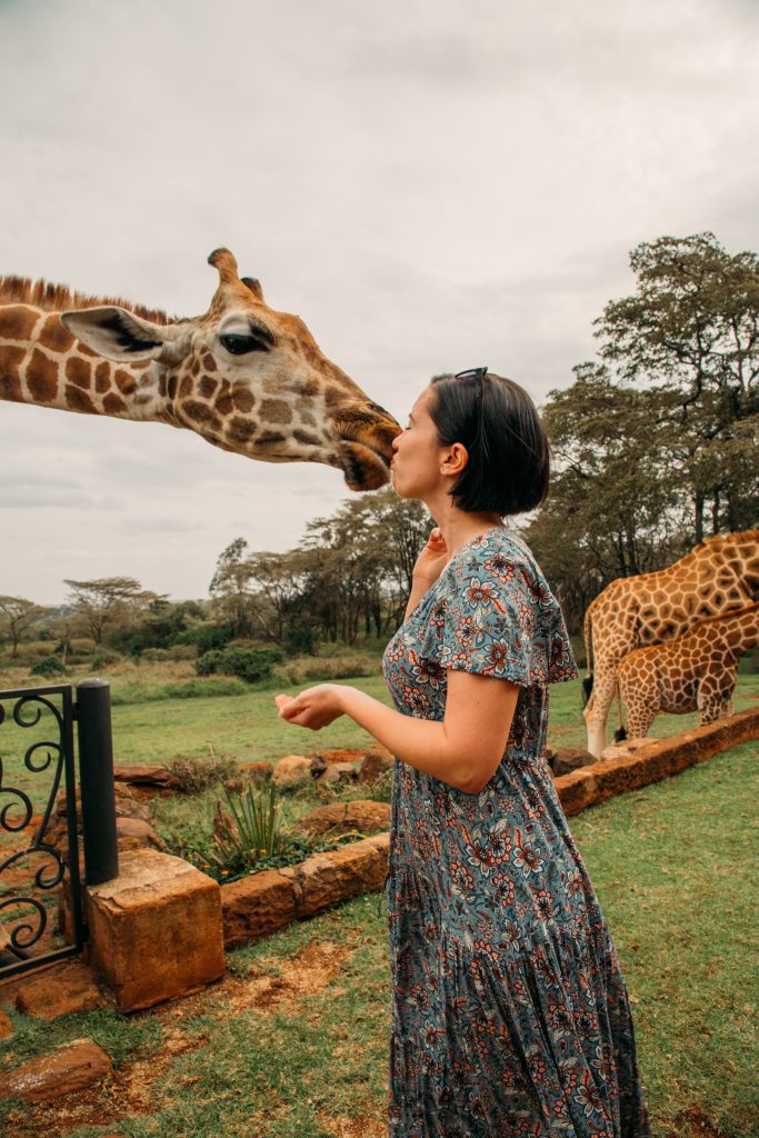 A woman kisses the tip of a giraffe's nose. She's wearing a flowy green maxi dress, has short brown hair, and sunglasses on top of her head. In the background, two more giraffes stand in the grassy field.