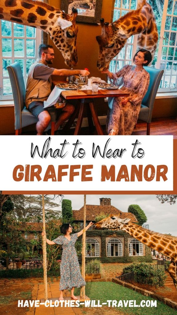 A collage of two stacked images of a man and woman posed with giraffes. Text across the center of the image says "what to wear to giraffe manor"