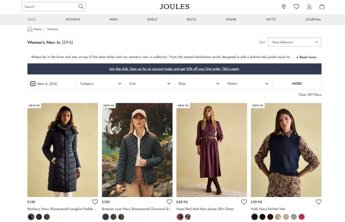 Joules home page featuring the latest fall fashion vests, coats, and maxi dress