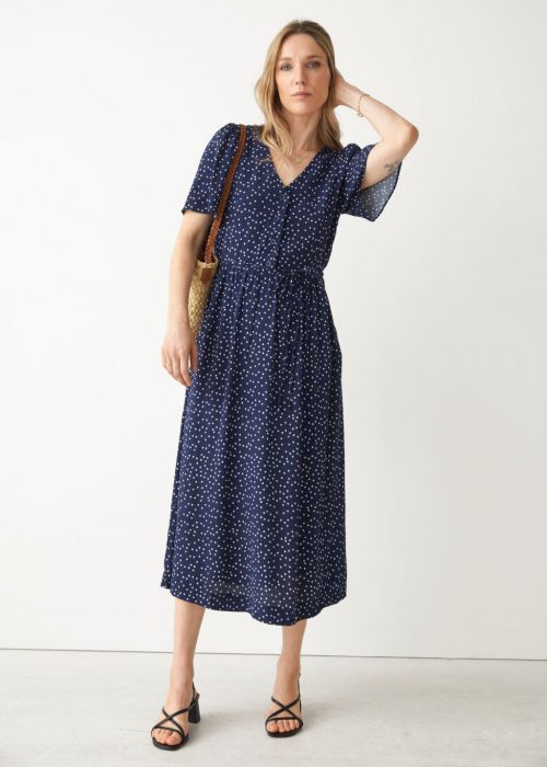 Other Stories navy midi dress with black strappy sandals 