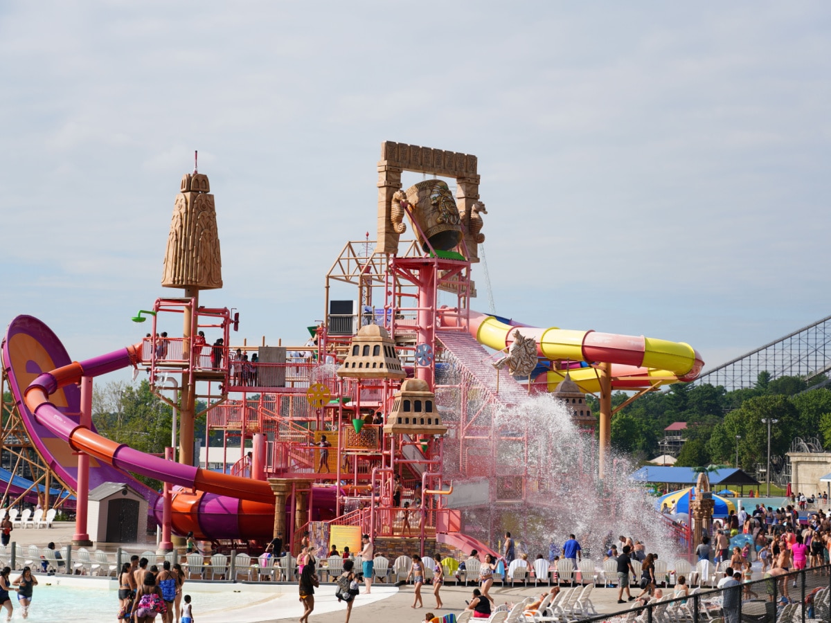 Wisconsin Dells, Wisconsin USA August 11th, 2019: Family members enjoy summer fun at LOST CITY OF ATLANTIS water rides at Mt. Olympus Water and Theme Park.