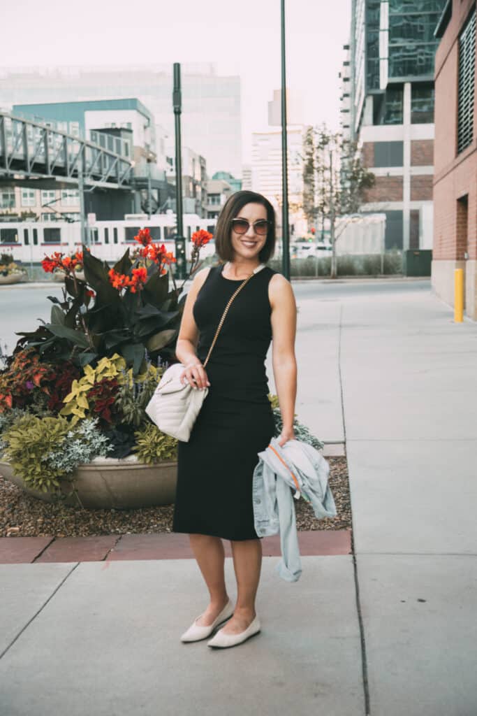 Wearing my Vivaia flats + Tentree dress + YSL Loulou before walking to dinner.