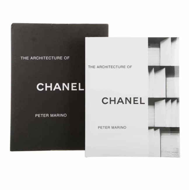 Black and white hardcover Chanel fashion and designer book authored by Peter Marino titled The Architecture of Chanel