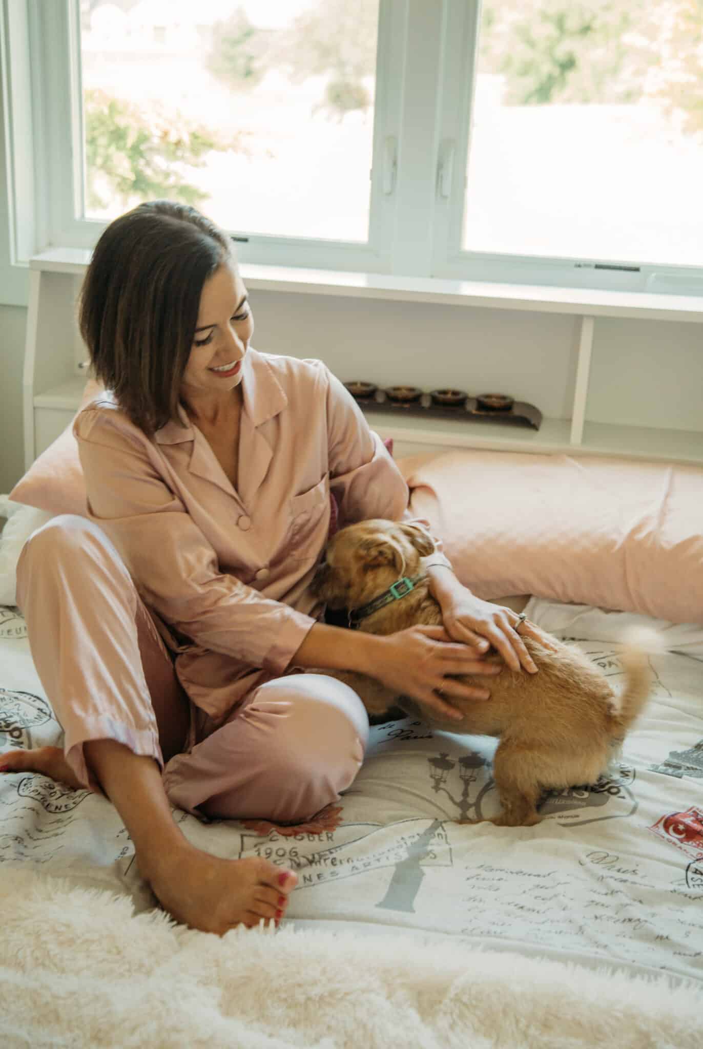 Chilling with Buddy in my LilySilk silk pajamas