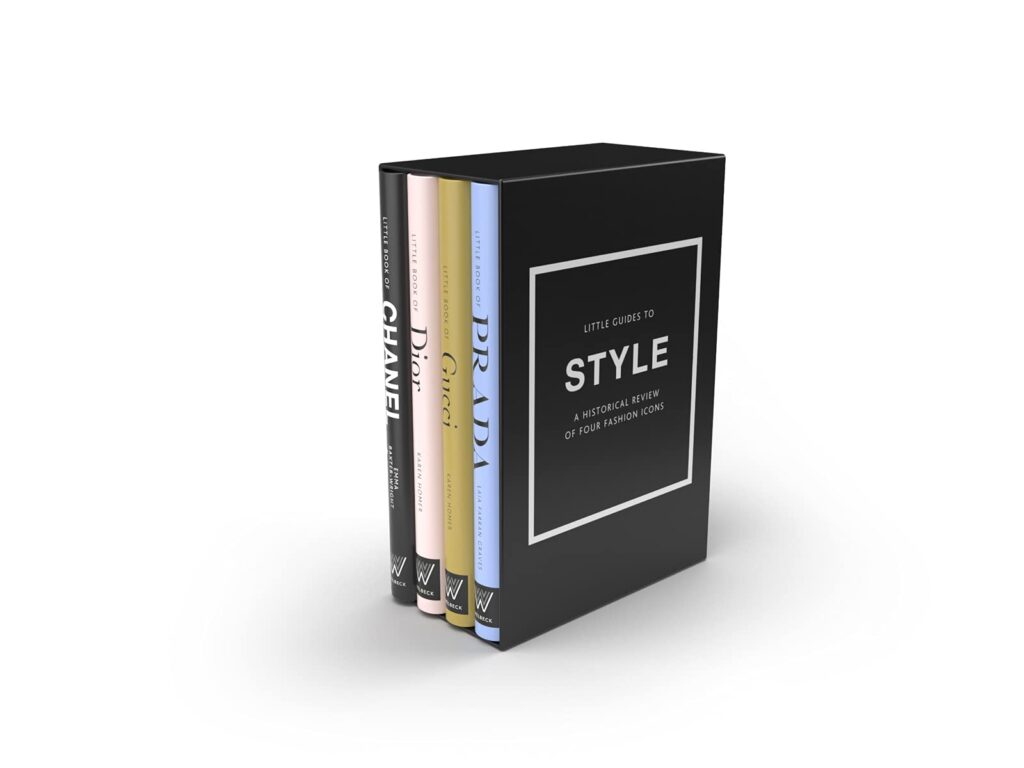 Hardcover fashion and designer book titled Little Guides to Style: The Story of Four Iconic Fashion Houses by Emma Baxter-Wright, Karen Homer, and Laia Farran Graves with a minimalist book cover design