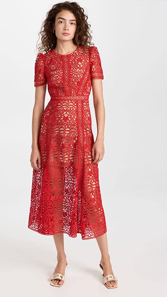 Self Portrait Red Guipure Lace Midi Dress  