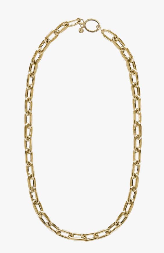 A gold chain necklace on a white background.