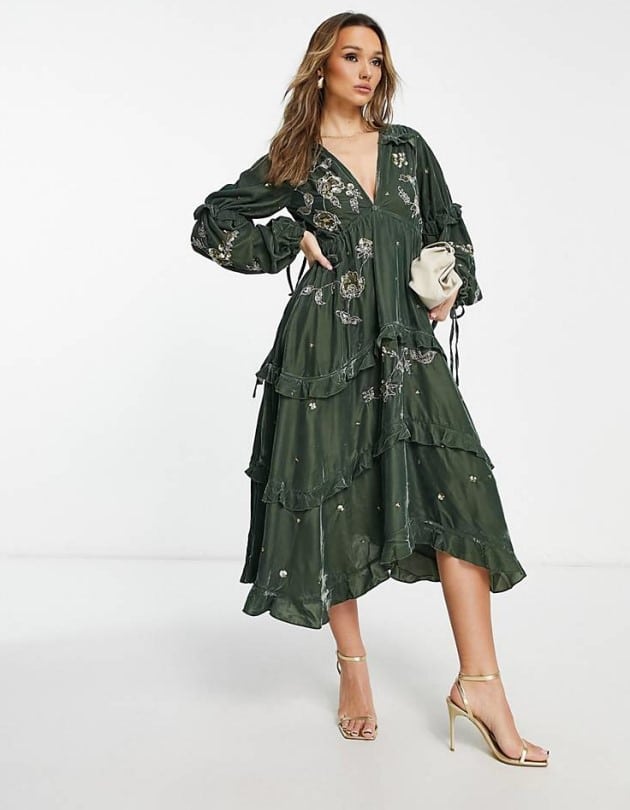 ASOS DESIGN ruched tiered midi dress in velvet with floral embellishment detail in green