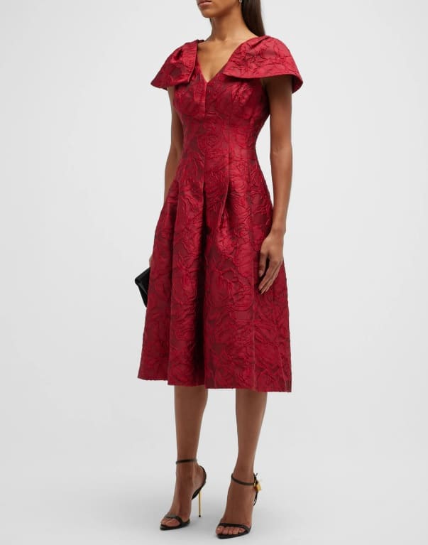 Rickie Freeman For Teri Jon Pleated Jacquard Cap-Sleeve Dress