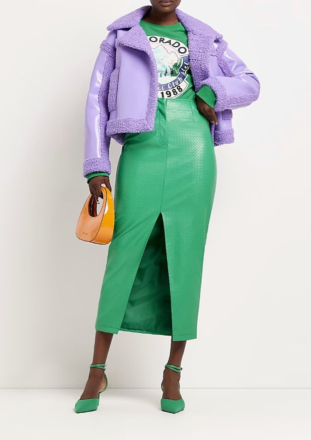 River Island | Green Faux Leather Midi Skirt