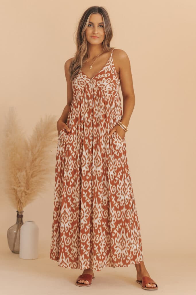 RUST PRINT V NECK CAMI MAXI DRESS | PRE ORDER