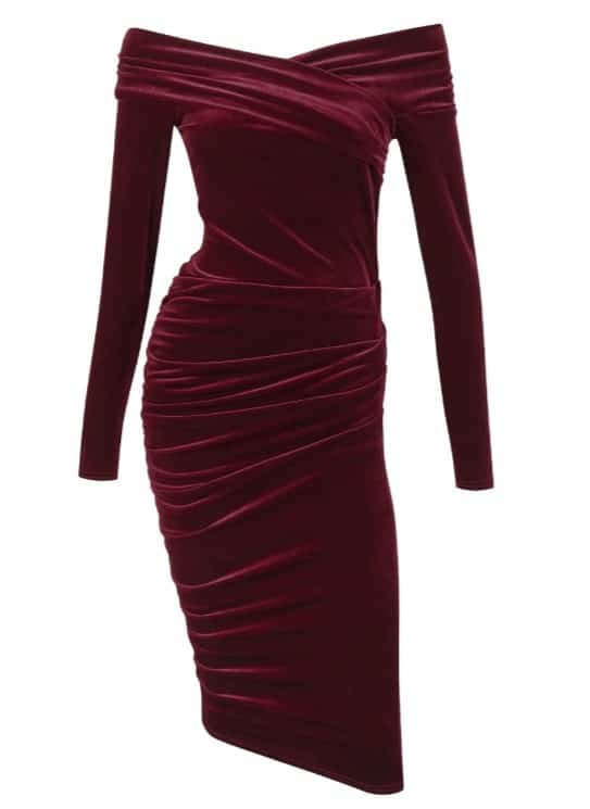 Wolf & Badger | In A Heartbeat Wine Velvet Bardot Dress 