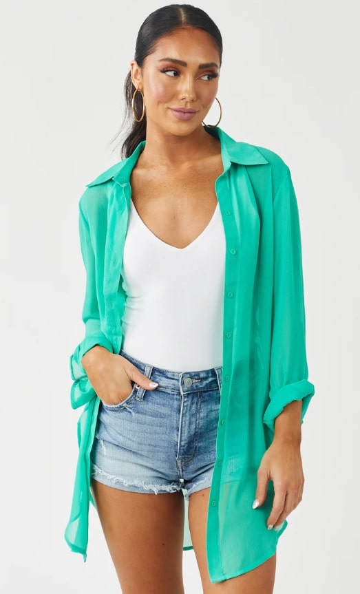 Kelly Green Button Up Sheer Chiffon Tunic Shirt