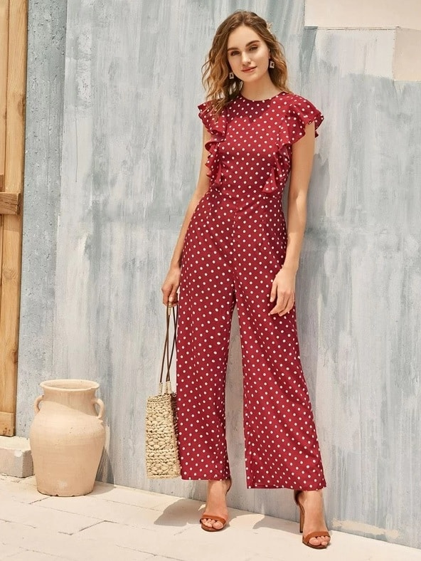 SHEIN Ruffle Armhole Polka Dot Palazzo Jumpsuit