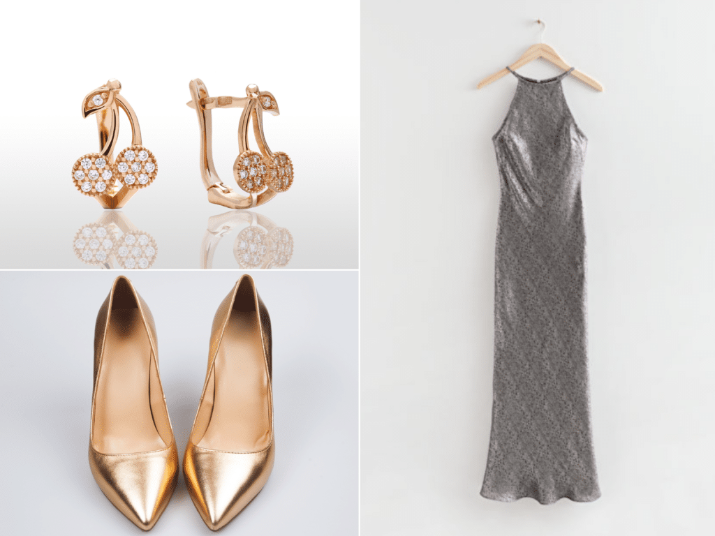 Long silver dress with gold pumps and gold earrings