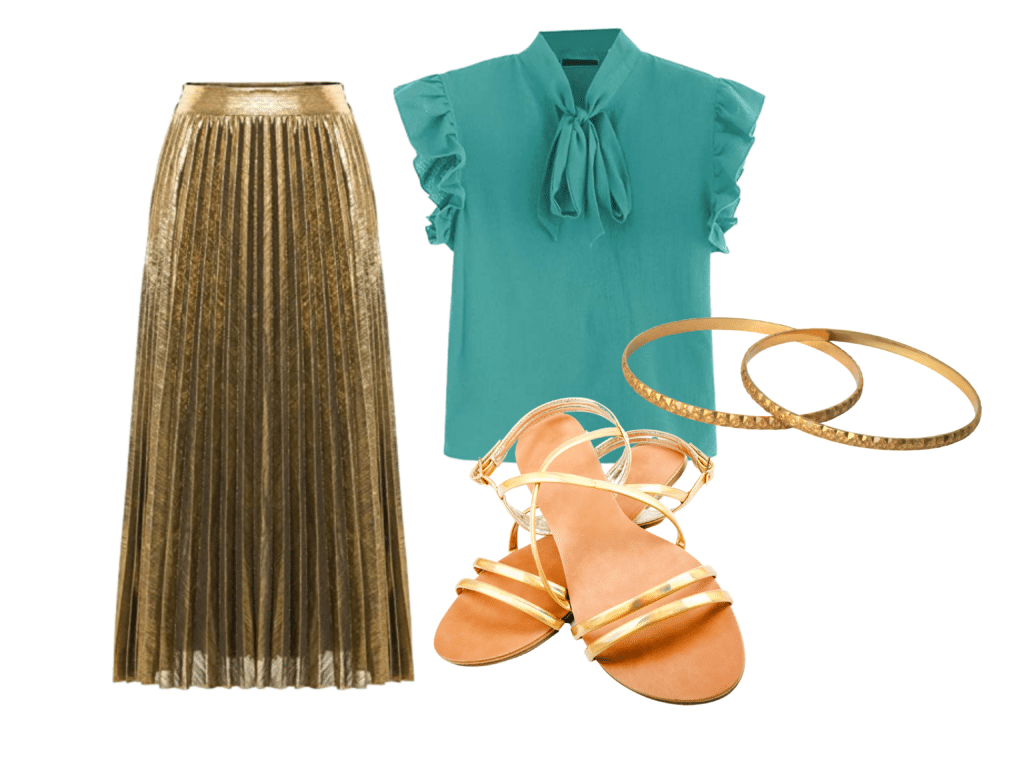 Gold skirt with turquoise blouse and accessories