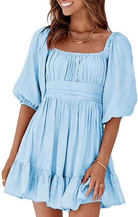 Dokotoo Womens Summer Dresses Square Neck Lantern Sleeve Tie Backless Ruffle A-Line Casual Dress