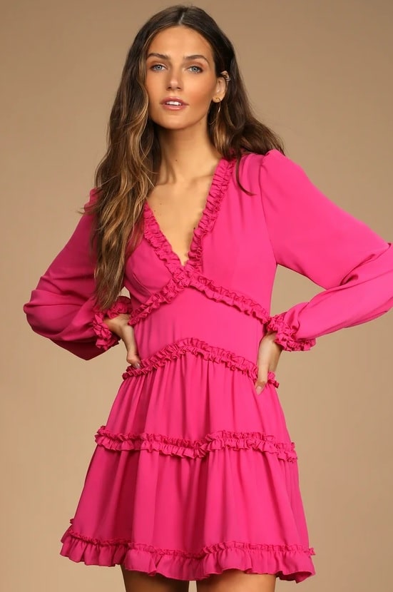 Simply Darling Magenta Ruffled Long Sleeve Mini Dress