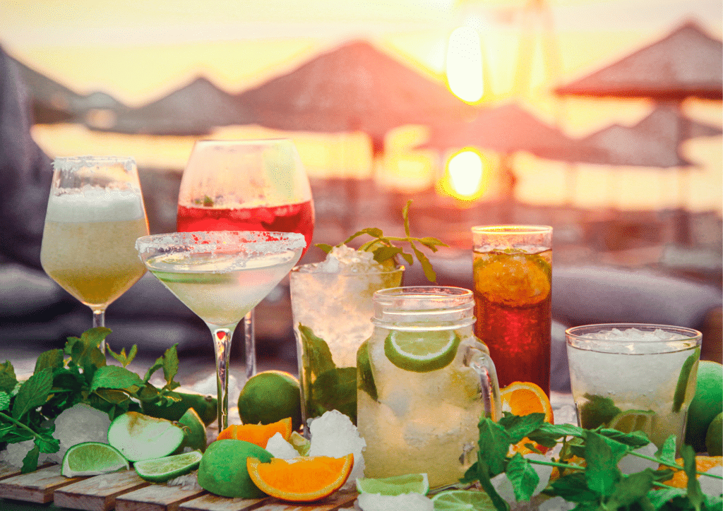 A table with a variety of drinks on it in Curacao.