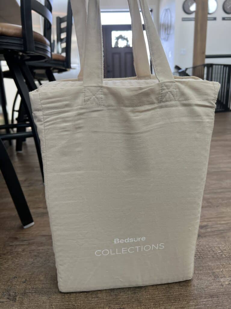 Bedsure bedding comes in a beige canvas tote bag, conveniently packaged for easy transport.