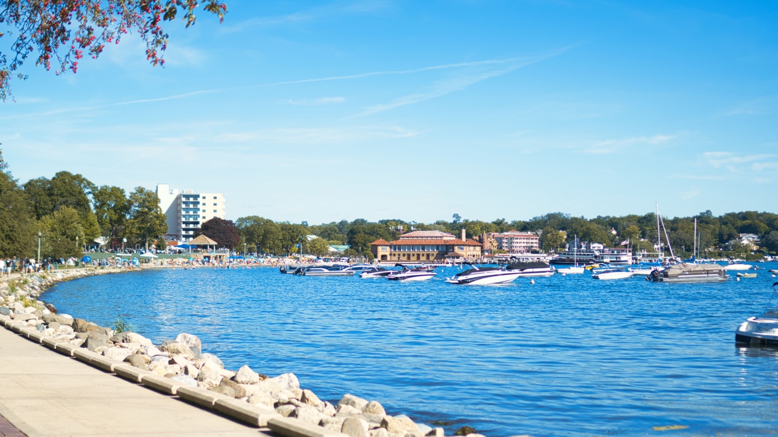 A lakeside view of Lake Geneva in Wisconsin on a bright, sunny summer day, where boats are lined up at the marina.