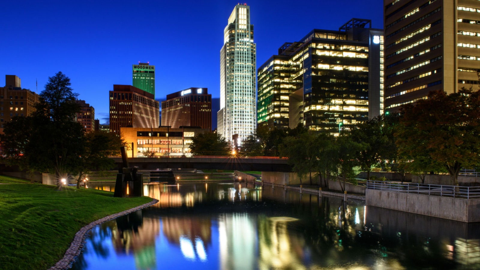 Omaha, NE - October 11, 2018: An evening view of the Omaha, Nebraska skyline from the Gene Leahy Mall.