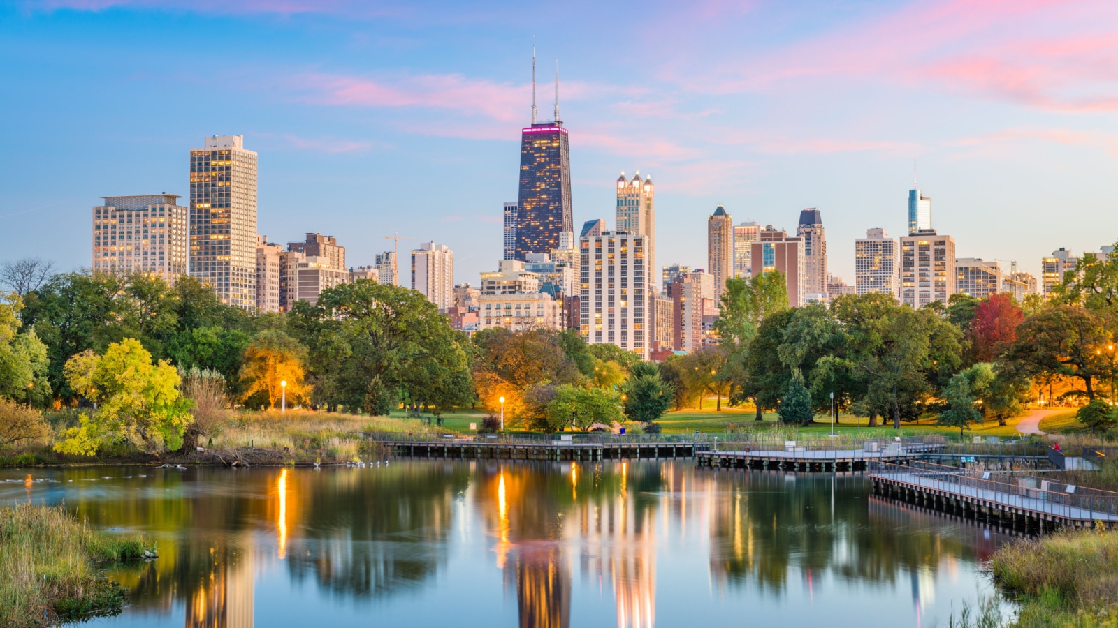 Chicago, Illinois, USA downtown skyline from Lincoln Park at twilight.