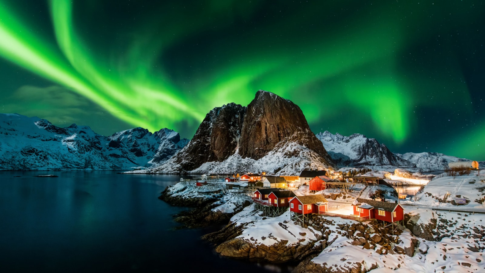 Aurora borealis over Hamnoy in Norway