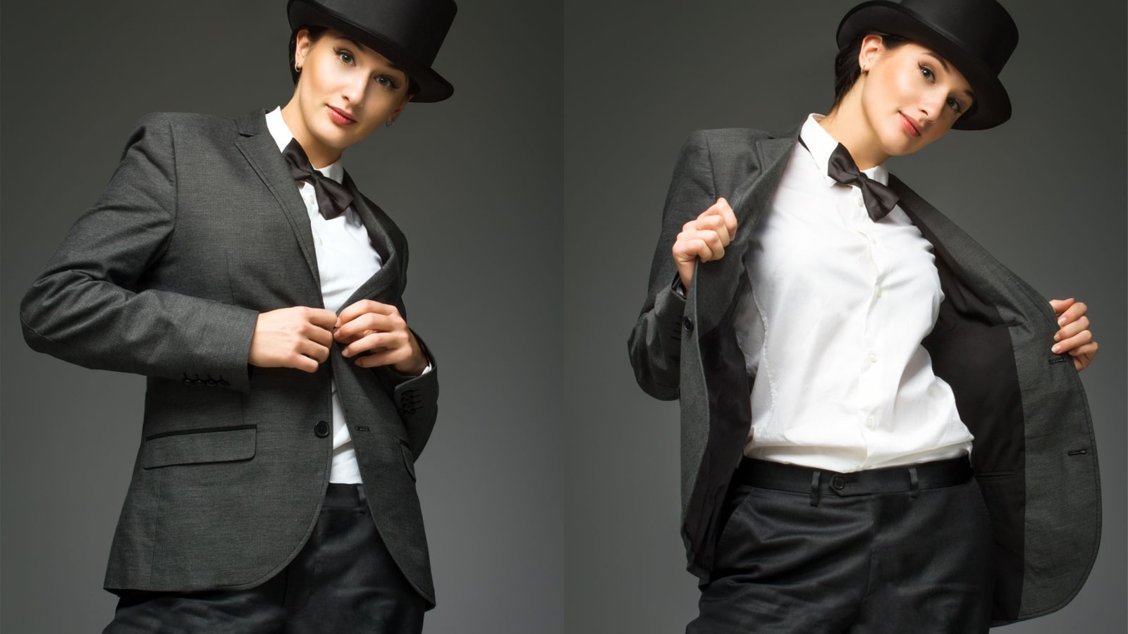 Young woman wearing man's suit posing over grey background. Woman feels like a man - concept. Retro style young woman against grey background.