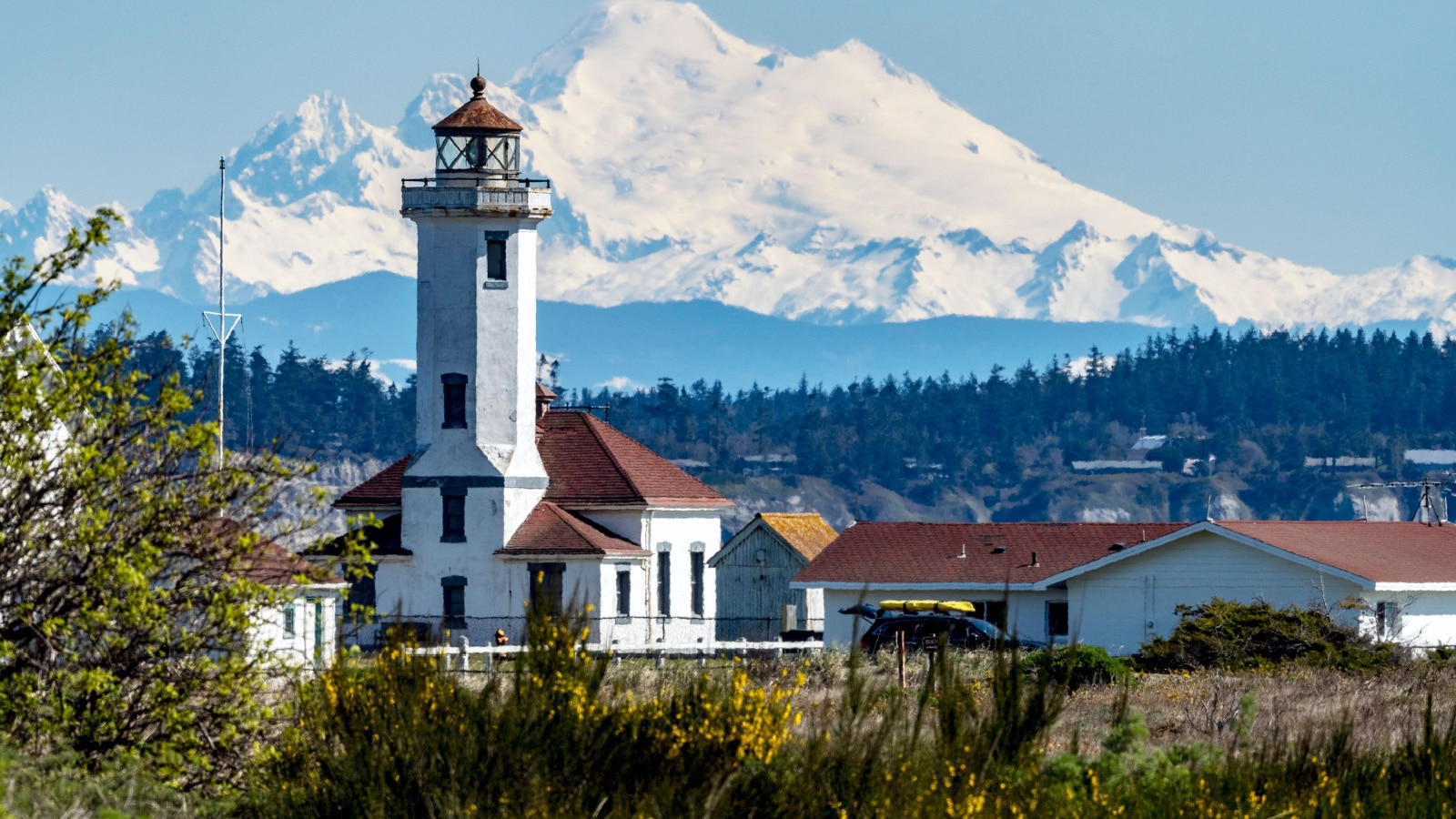 Mount Baker and lighthouse in Port Townsend, Washington