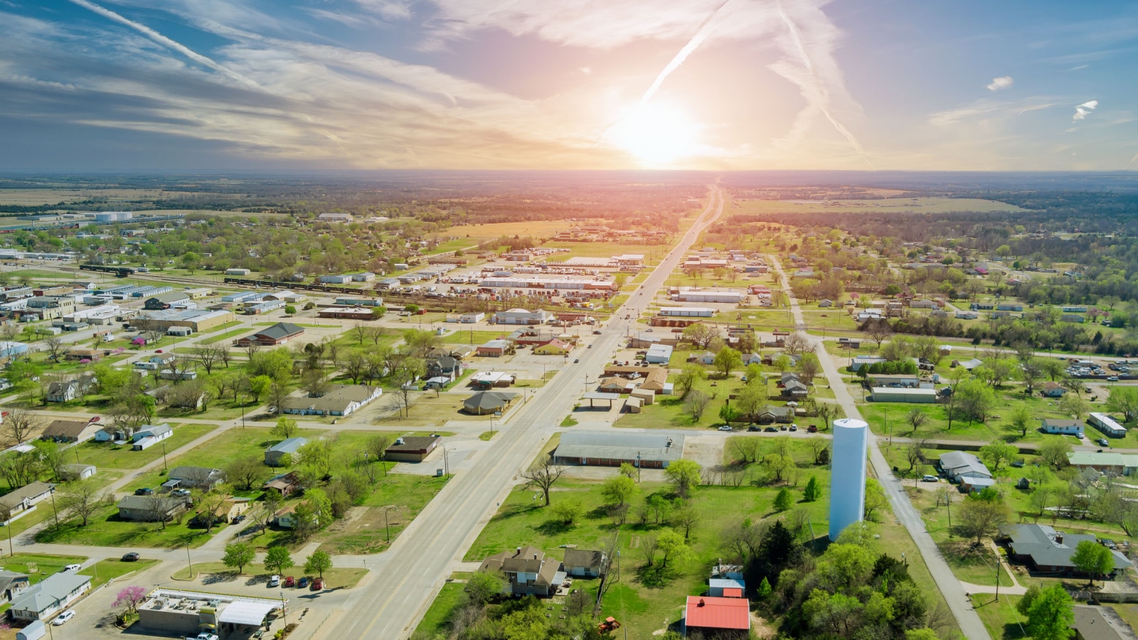 Panorama landscape scenic aerial view of a suburban settlement in a beautiful detached houses the Stroud town Oklahoma US