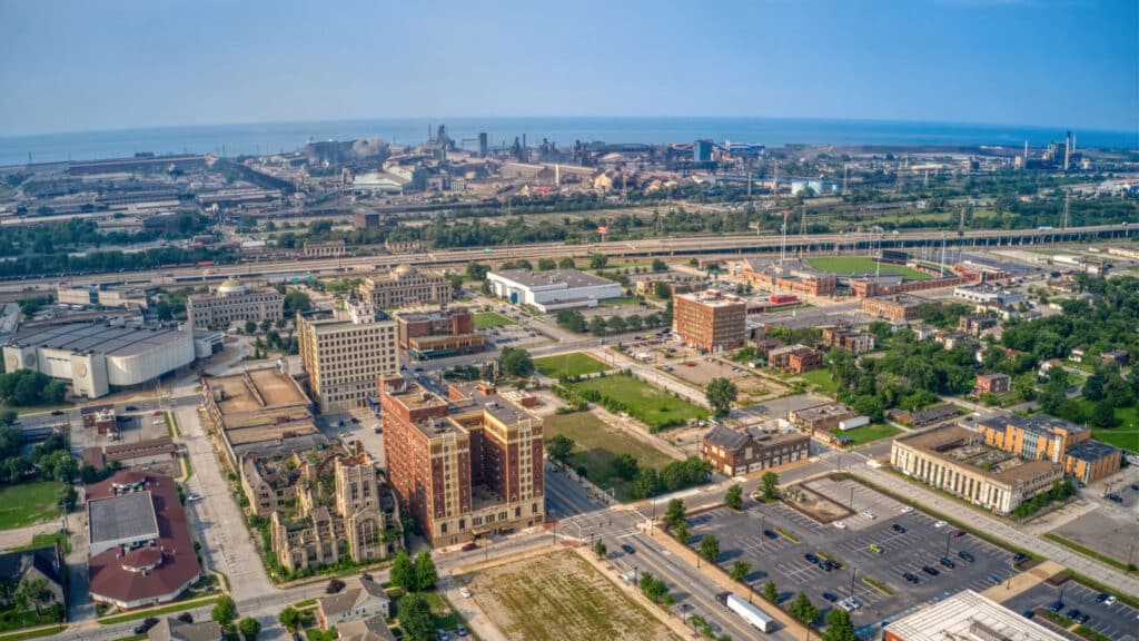 Aerial View of Downtown Gary, Indiana and its Steel Mill.