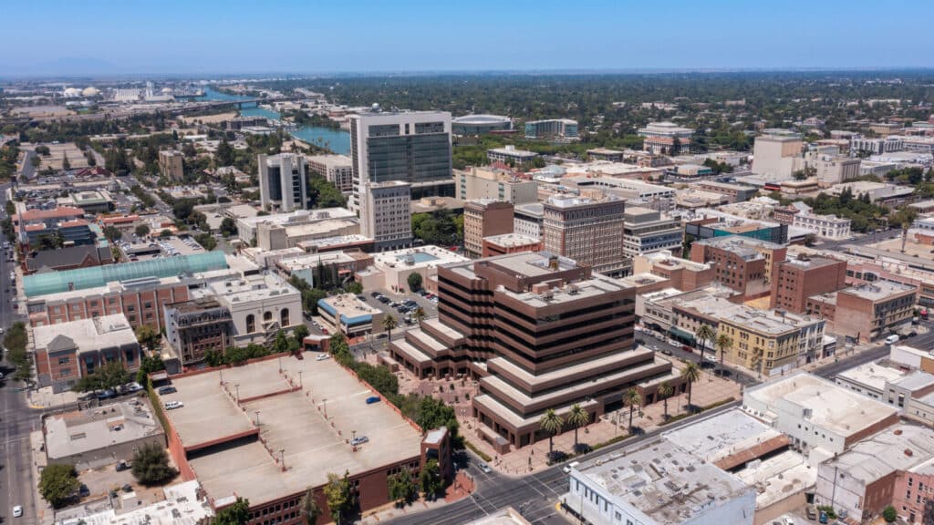 Daytime view of the downtown city center of Stockton, California, USA.