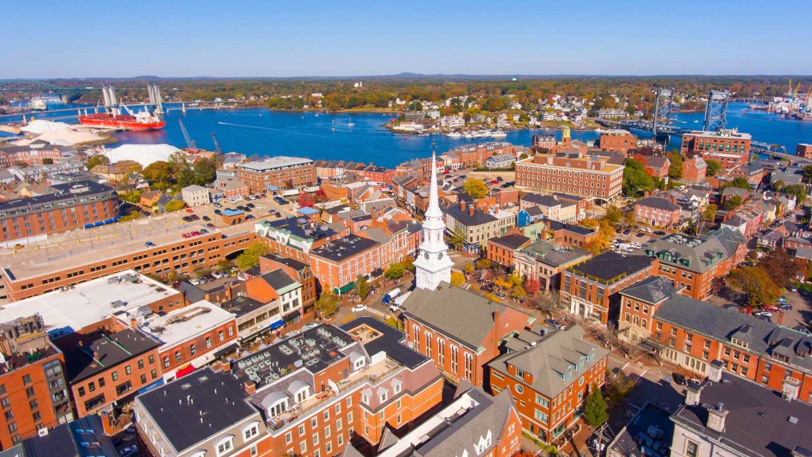 Portsmouth historic downtown aerial view at Market Square with historic buildings and North Church on Congress Street in city of Portsmouth, New Hampshire NH, USA.