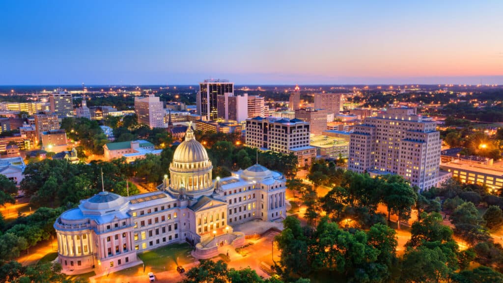 Jackson, Mississippi, USA skyline over the Capitol Building.