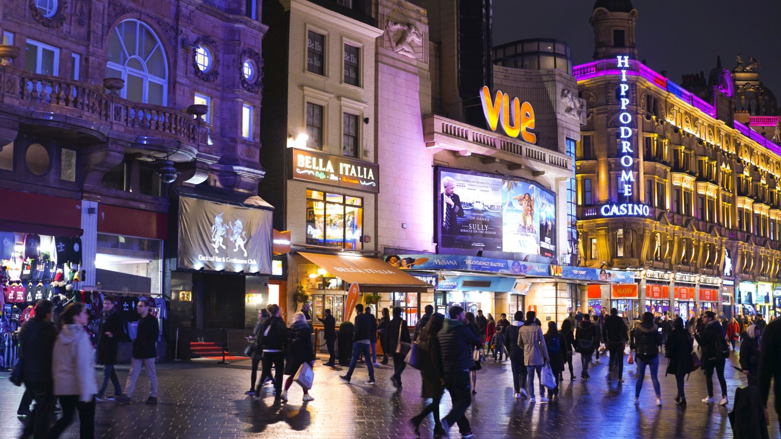 The busy London Leicester Square area in the evening - LONDON / ENGLAND - DECEMBER 12, 2016